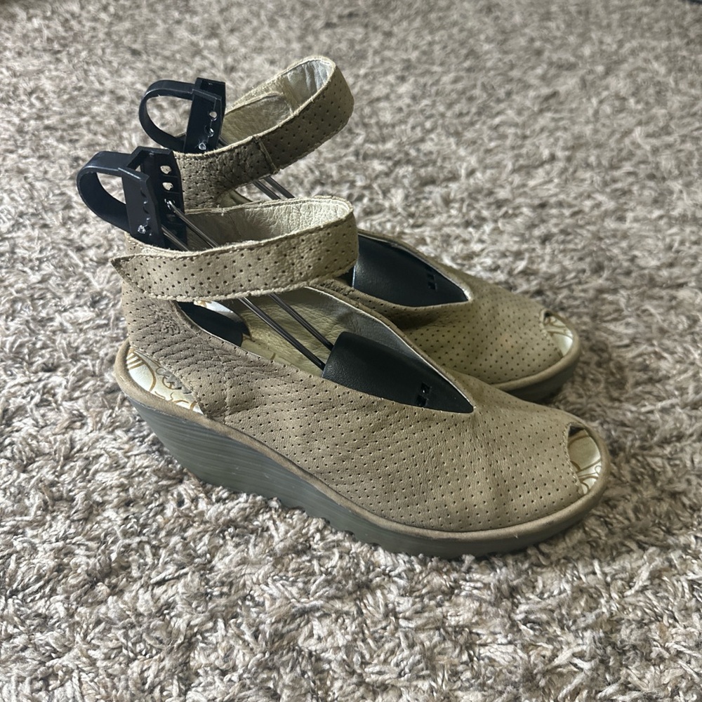 Fly London Tan Perforated Wedge Sandals with Ankle Strap size EU 37 / US 6.5 - 7